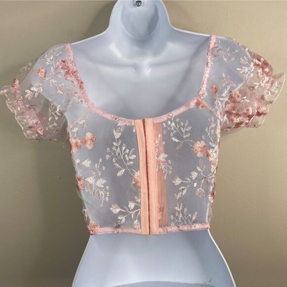 Romwe Womens Coquette Babydoll Corset Top NWOT Small Pink Sheer Going Out Floral - Picture 7 of 9